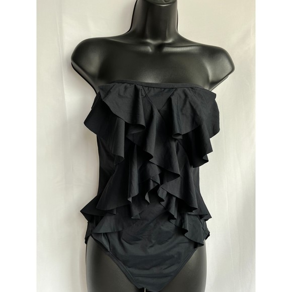 Michael Kors Mio One Piece Flutter Front Bandeau Swimsuit Women's 8 Black Ruffle - Picture 5 of 10